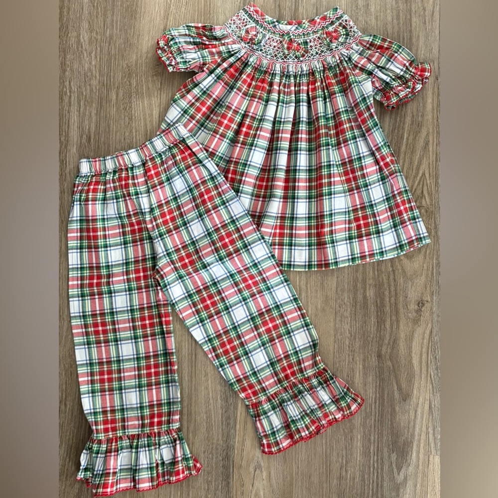 Delaney Smocked Plaid Holiday Christmas Pant Set-size 3T